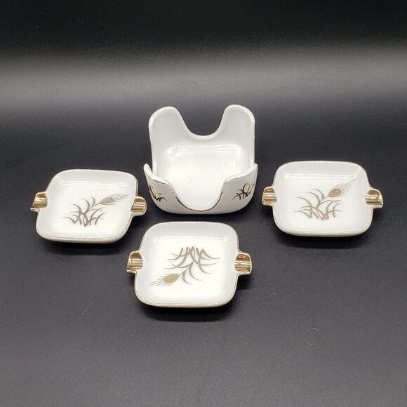 Lefton White Gold Wheat Design Vintage Personal Porcelain Ashtrays with Holder - Picture 9 of 11